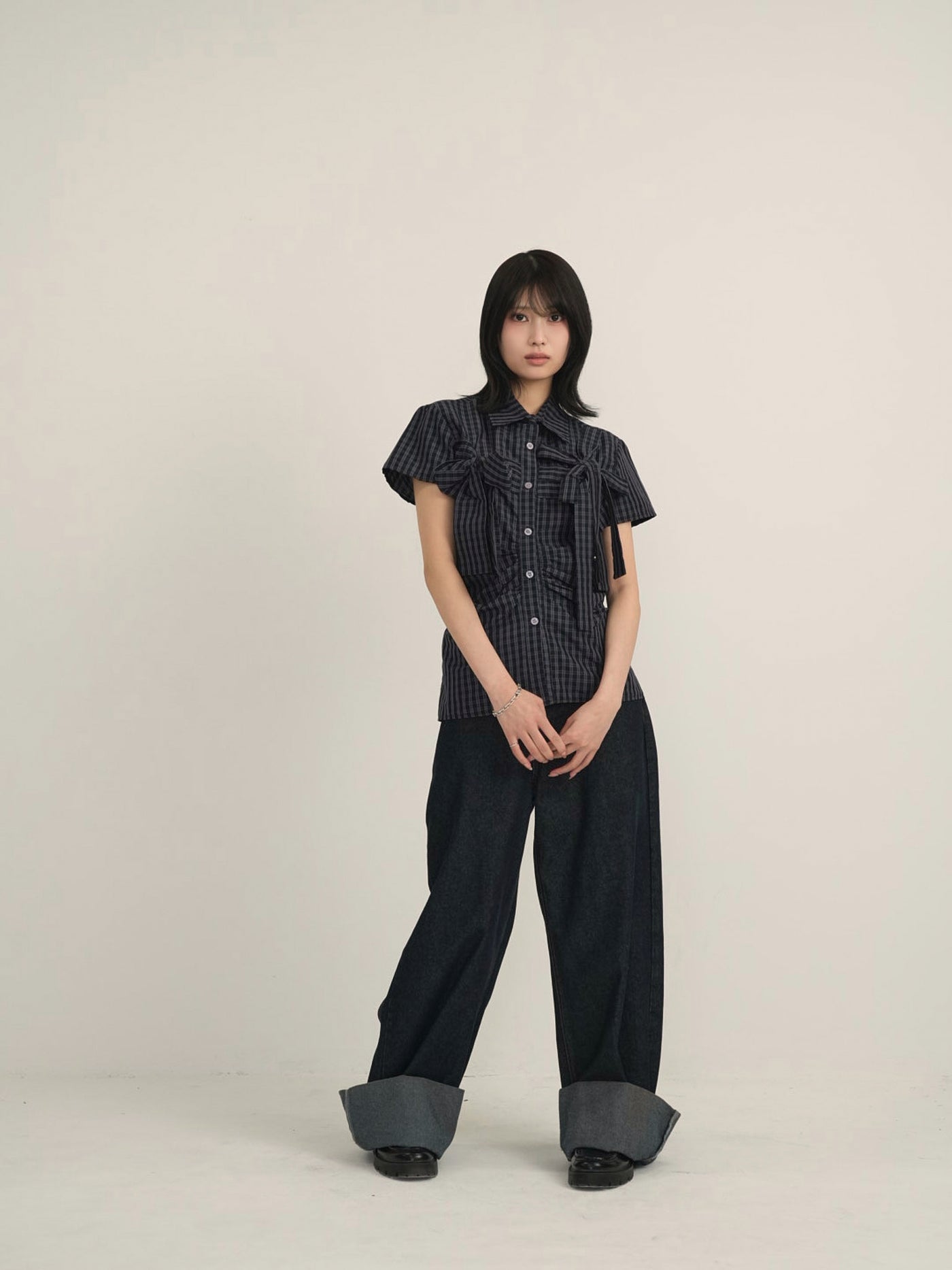 w ribbon check blouse
