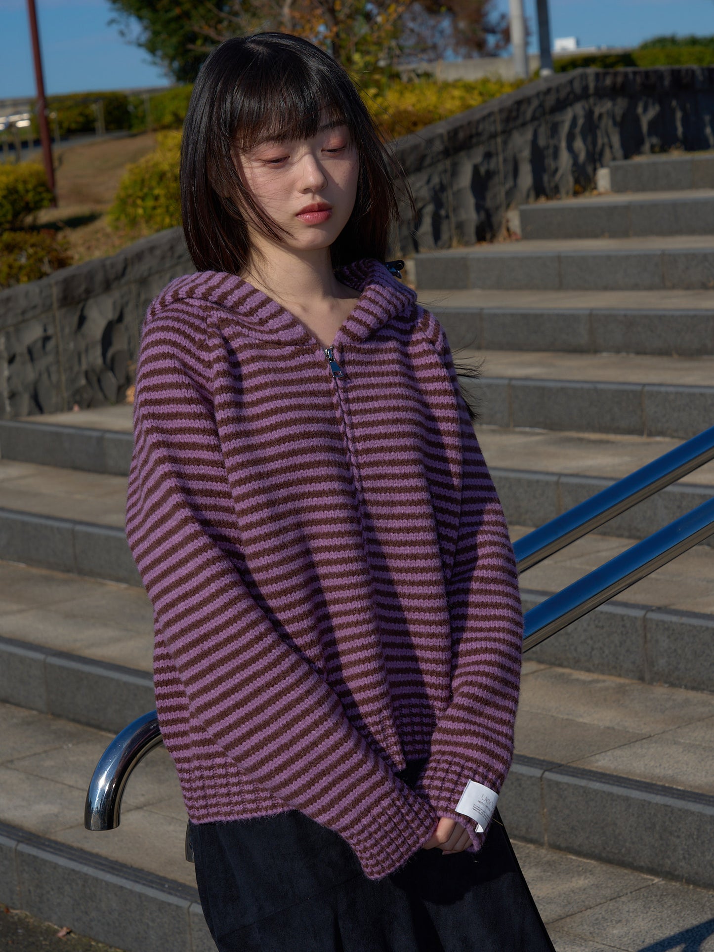 border knit zip hoodie