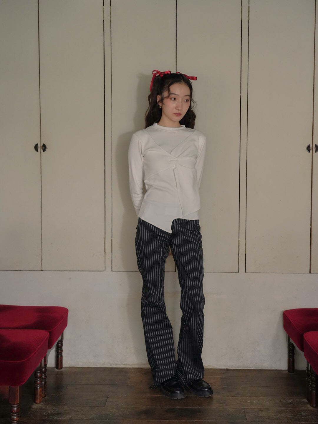 low rise pinstripe flare pants