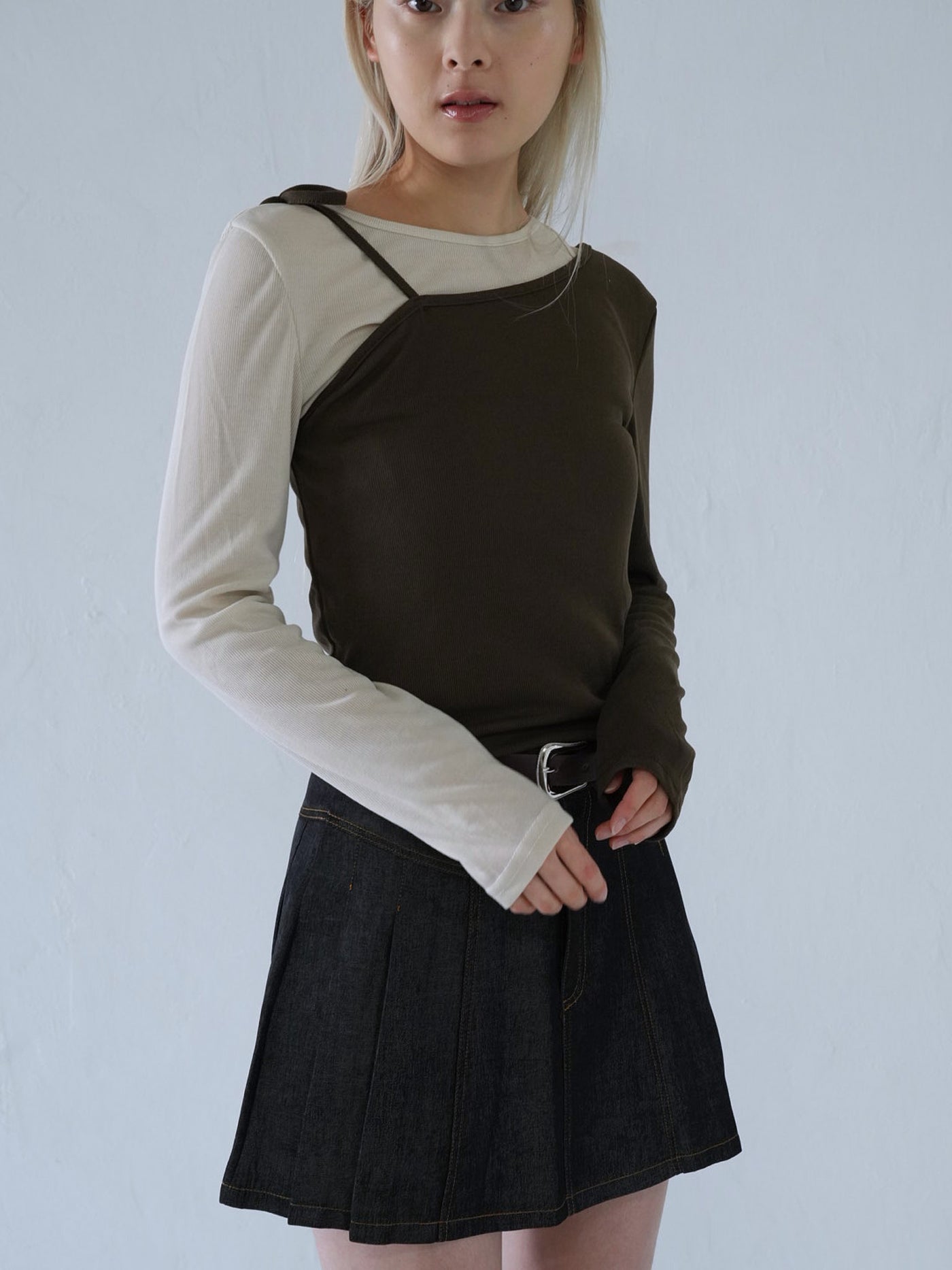 denim pleated mini skirt