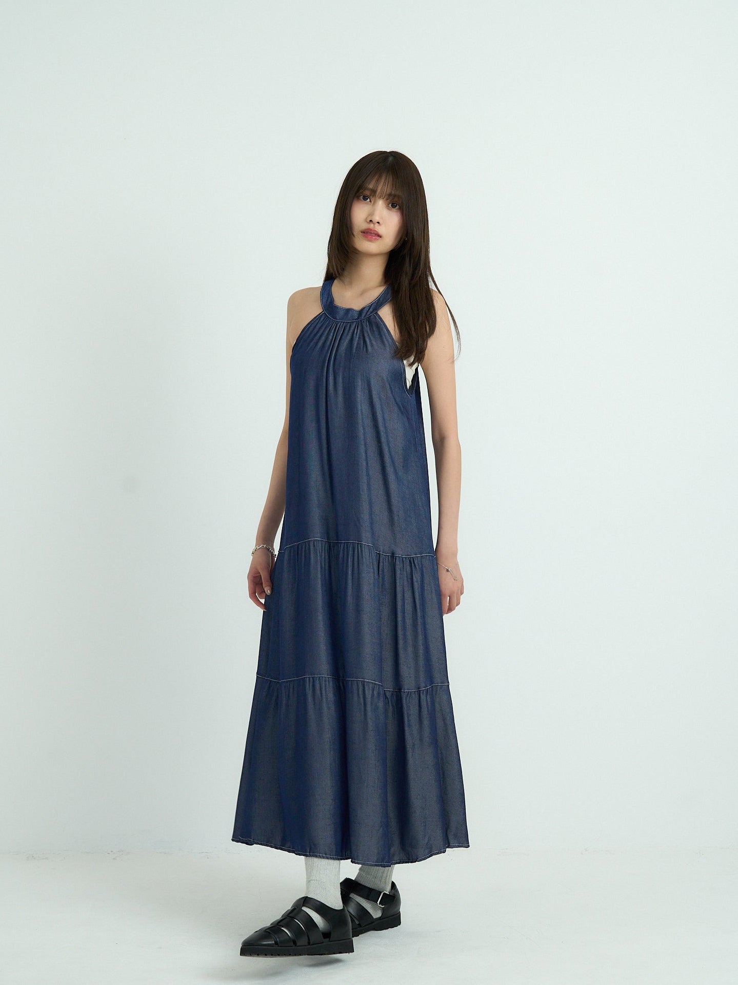 denim tiered halter dress