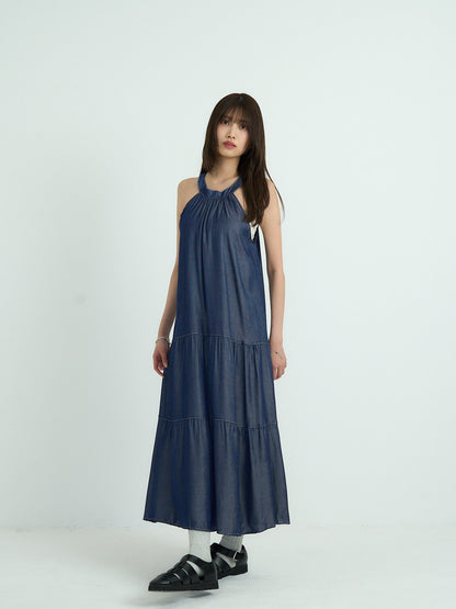 denim tiered halter dress