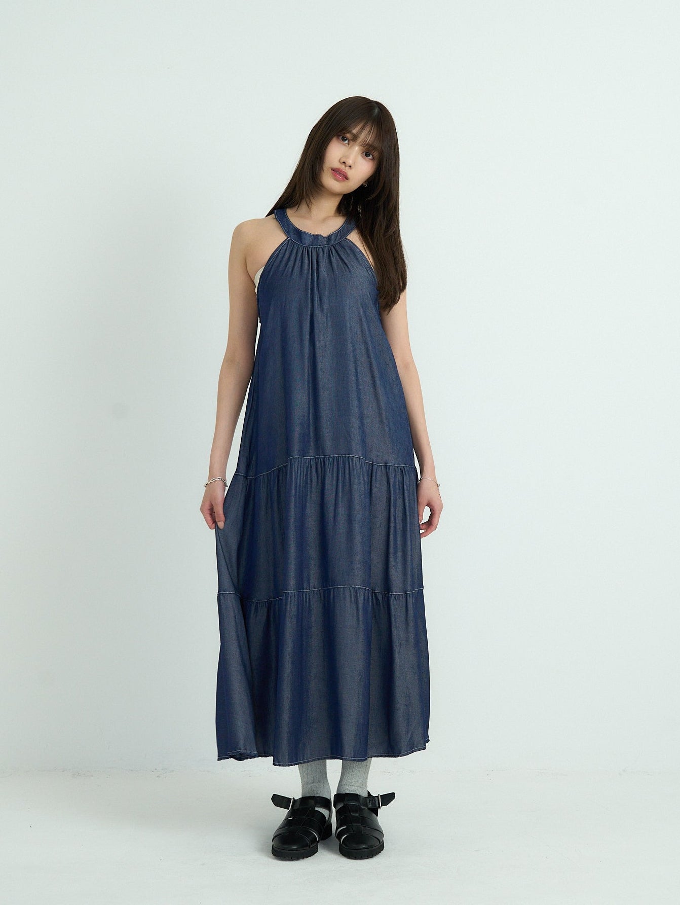 denim tiered halter dress