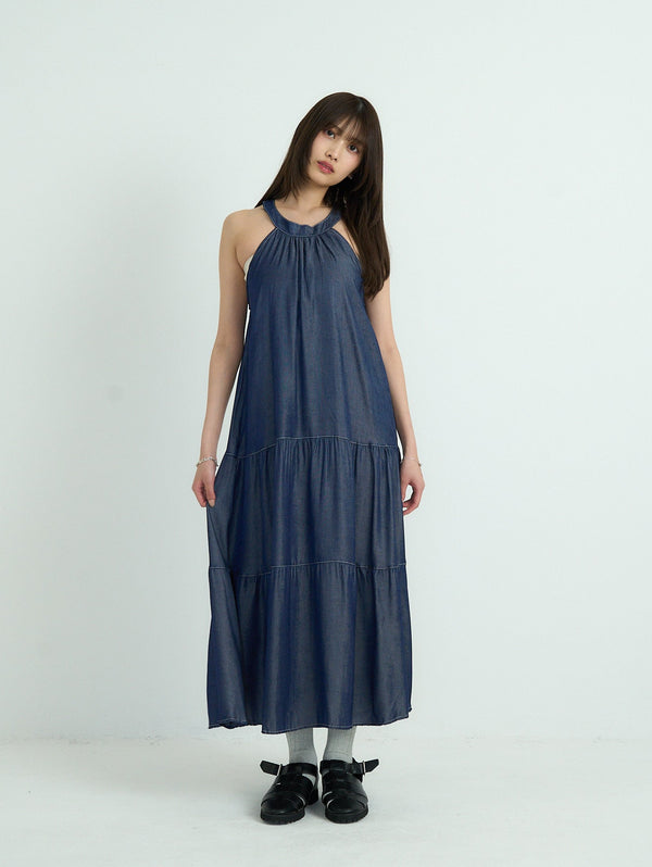 denim tiered halter dress