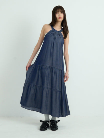 denim tiered halter dress