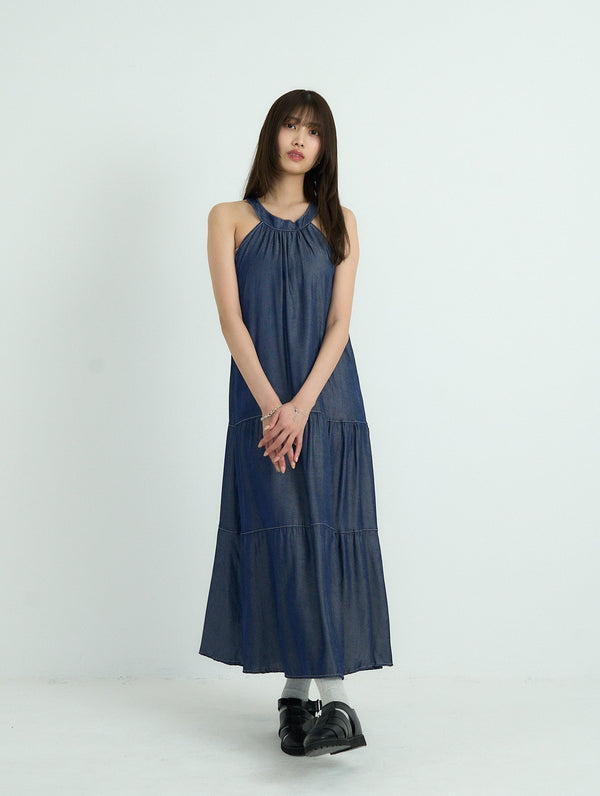 denim tiered halter dress