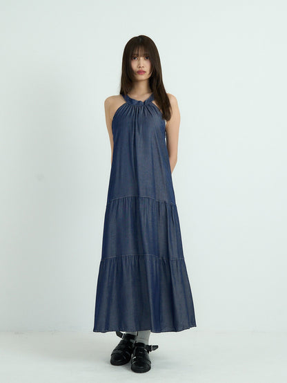denim tiered halter dress