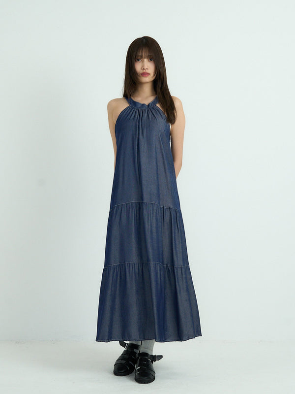 denim tiered halter dress