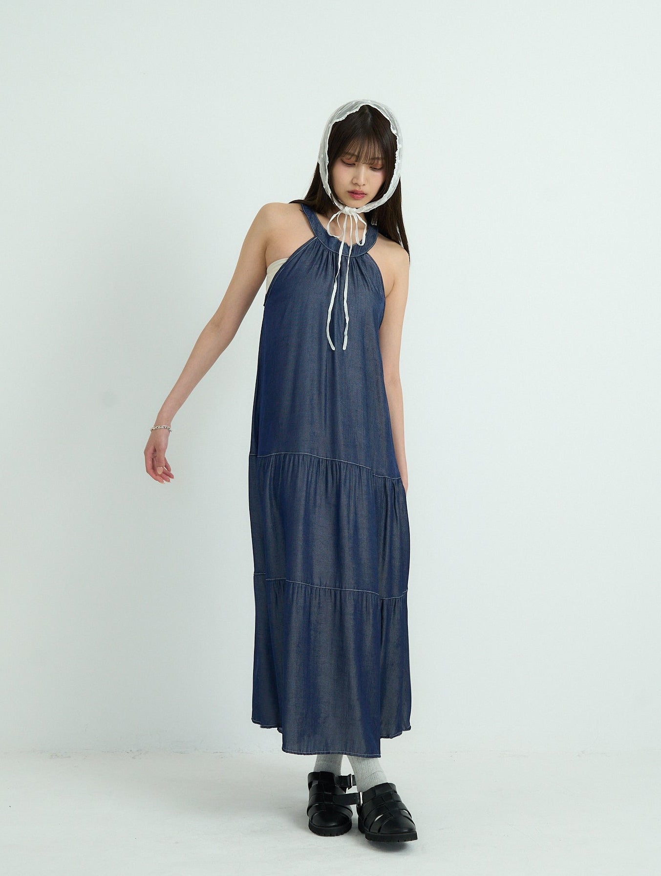 denim tiered halter dress