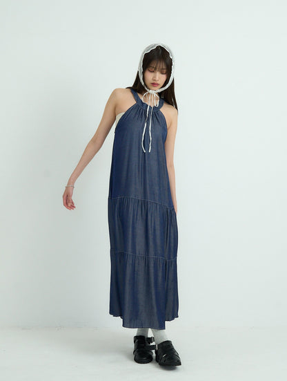 denim tiered halter dress