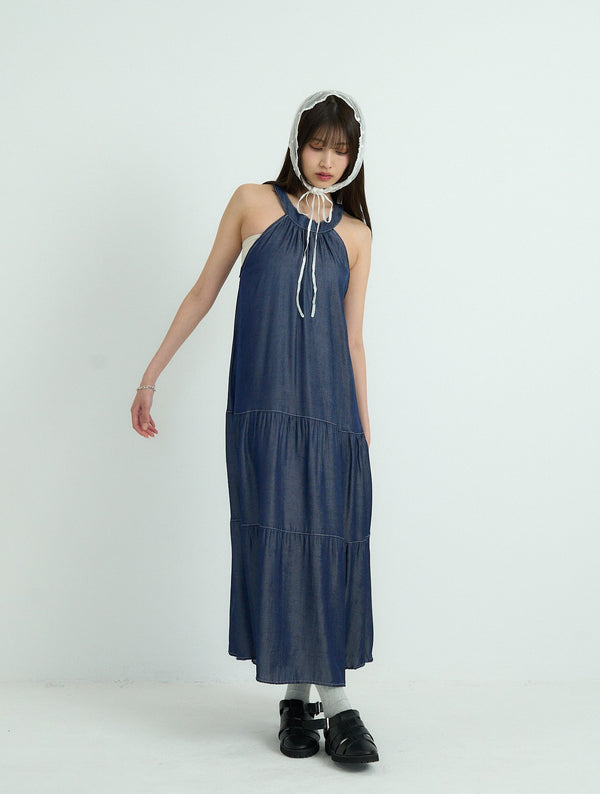 denim tiered halter dress