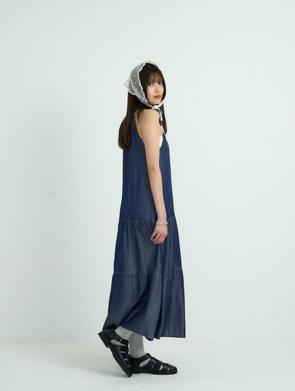 denim tiered halter dress