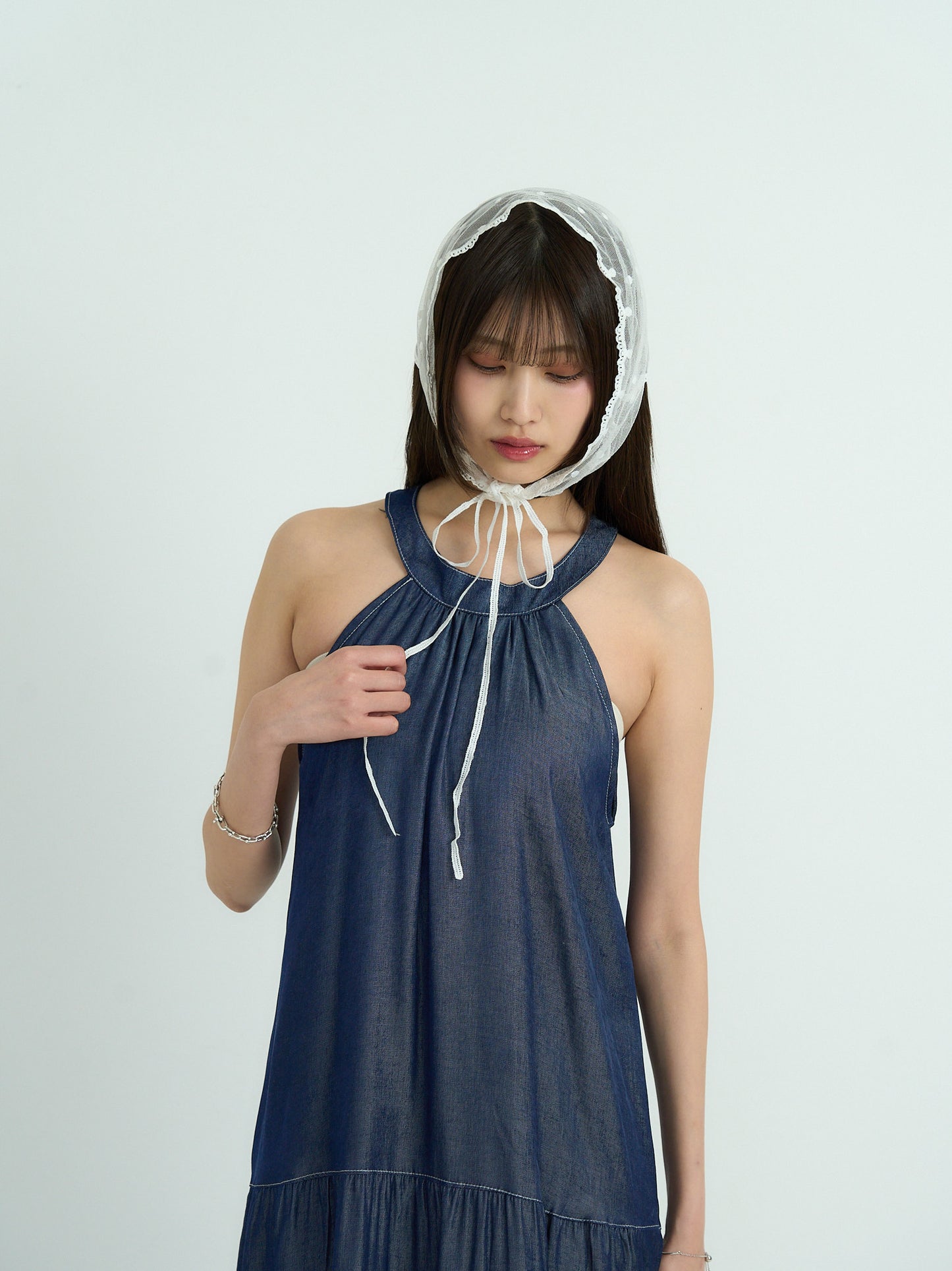 denim tiered halter dress