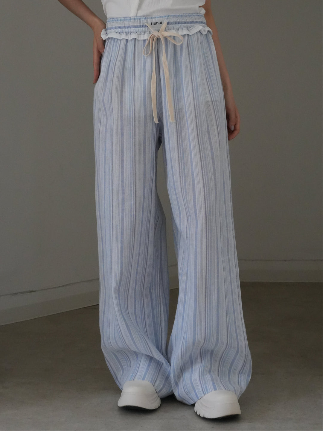 frill waist striped wide pants