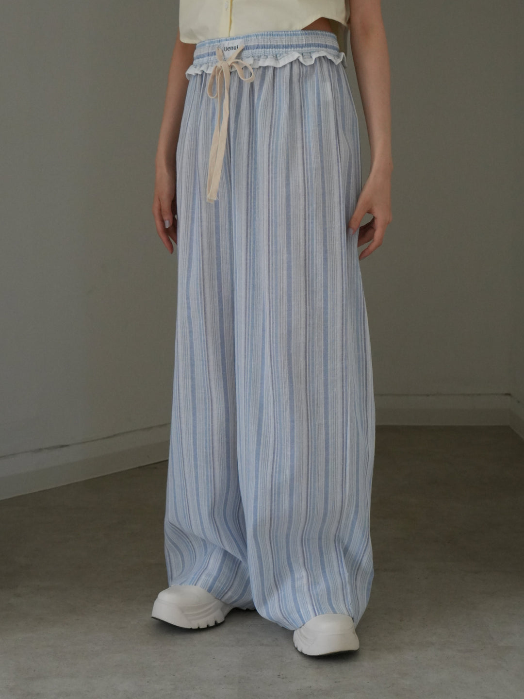 frill waist striped wide pants