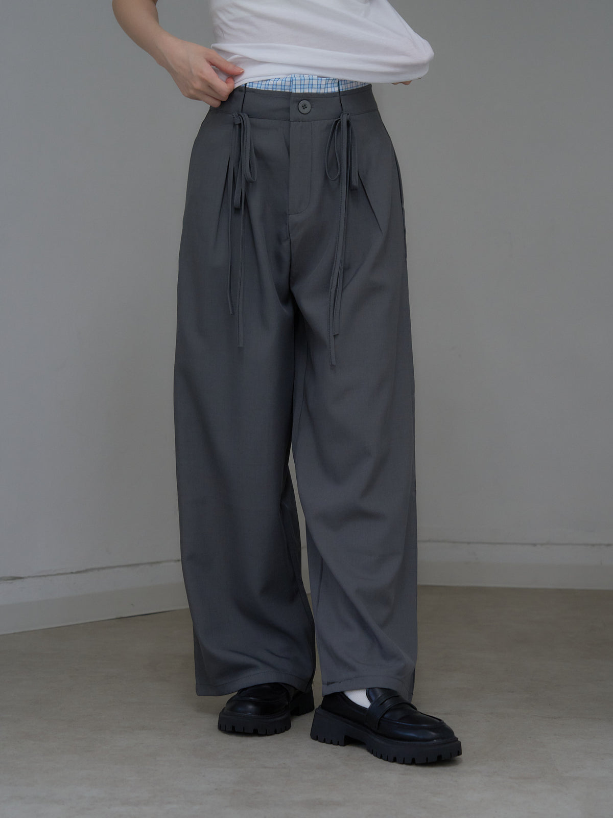 high waist ribbon wide pants