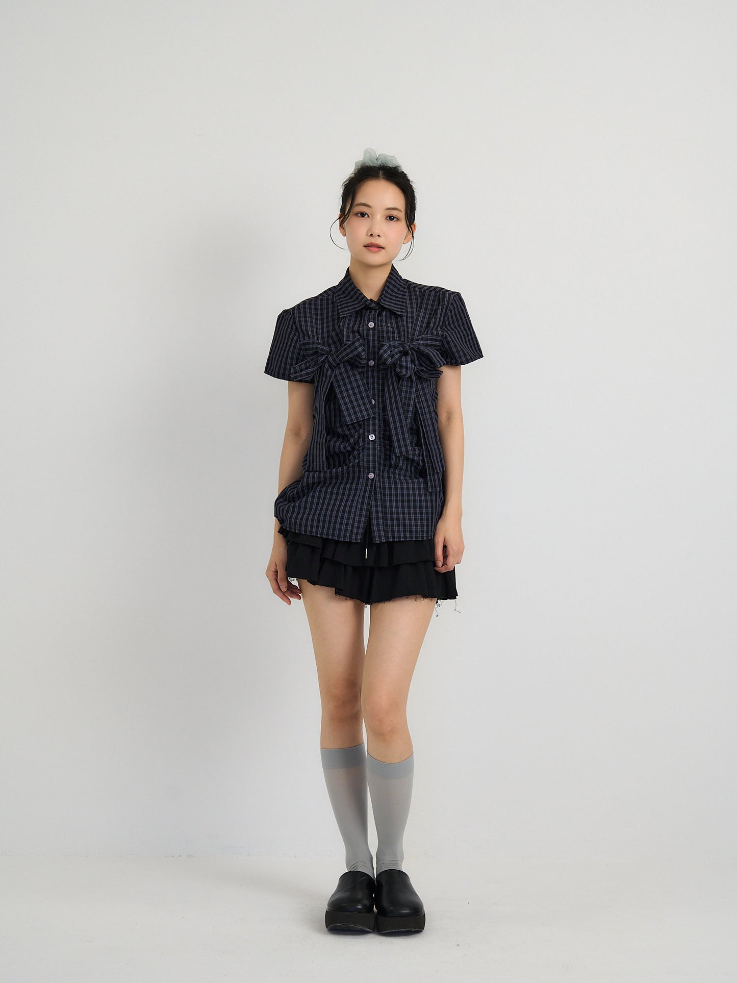 w ribbon check blouse