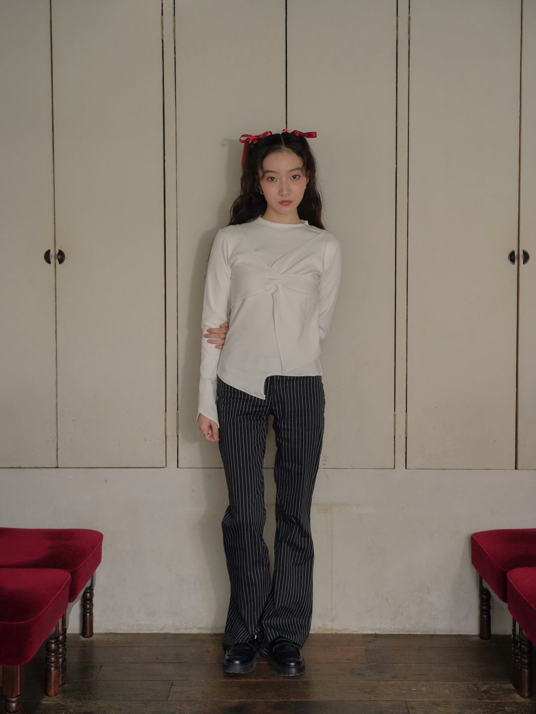 low rise pinstripe flare pants