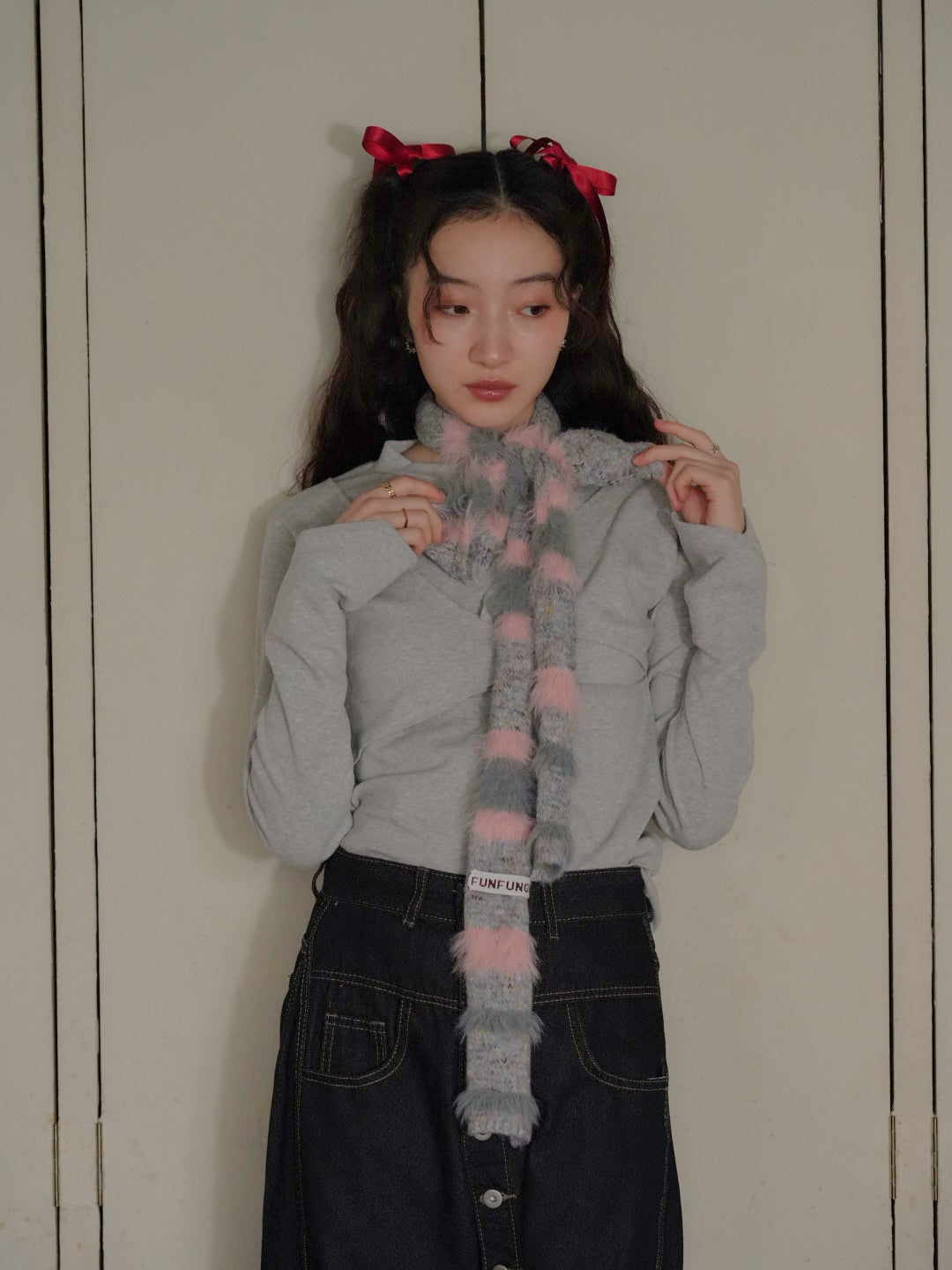 furry stripe knit muffler