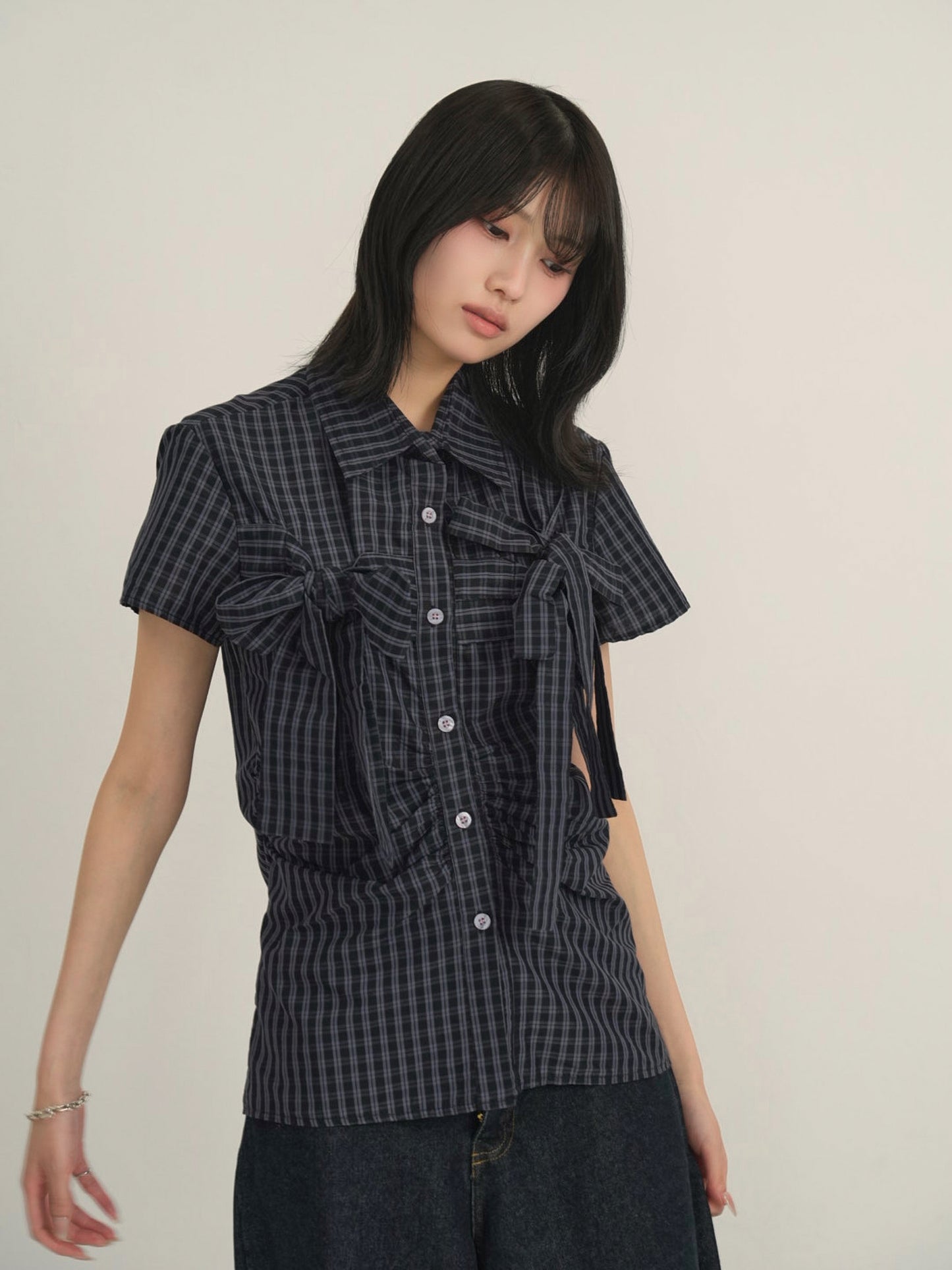 w ribbon check blouse