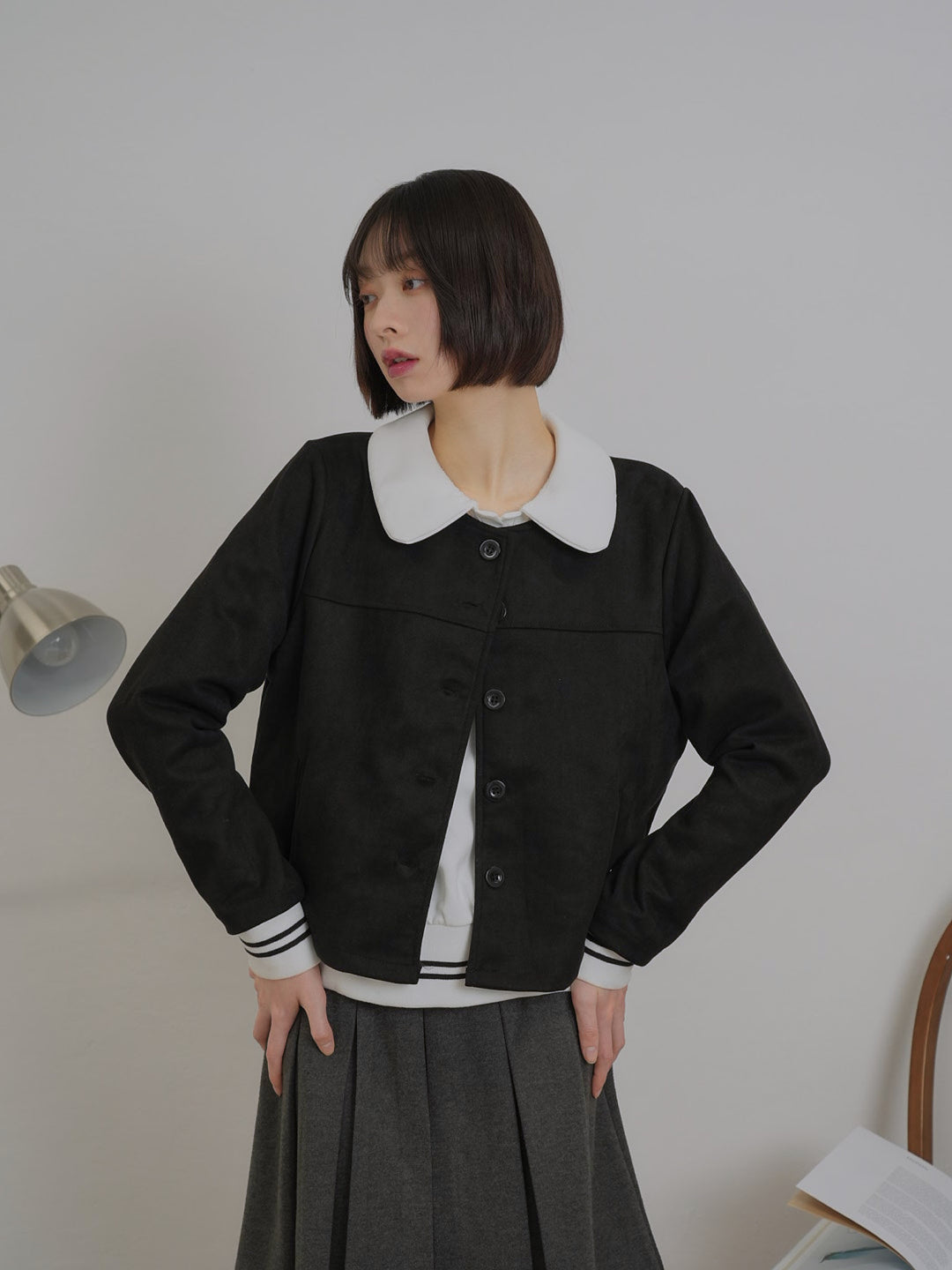 collarless suede jacket