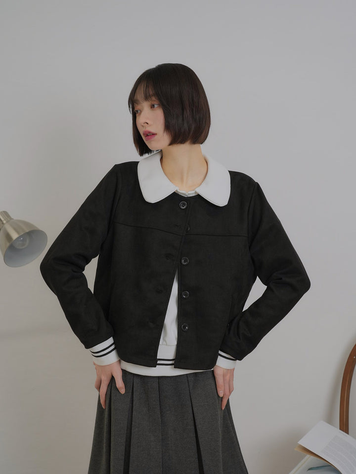 collarless suede jacket