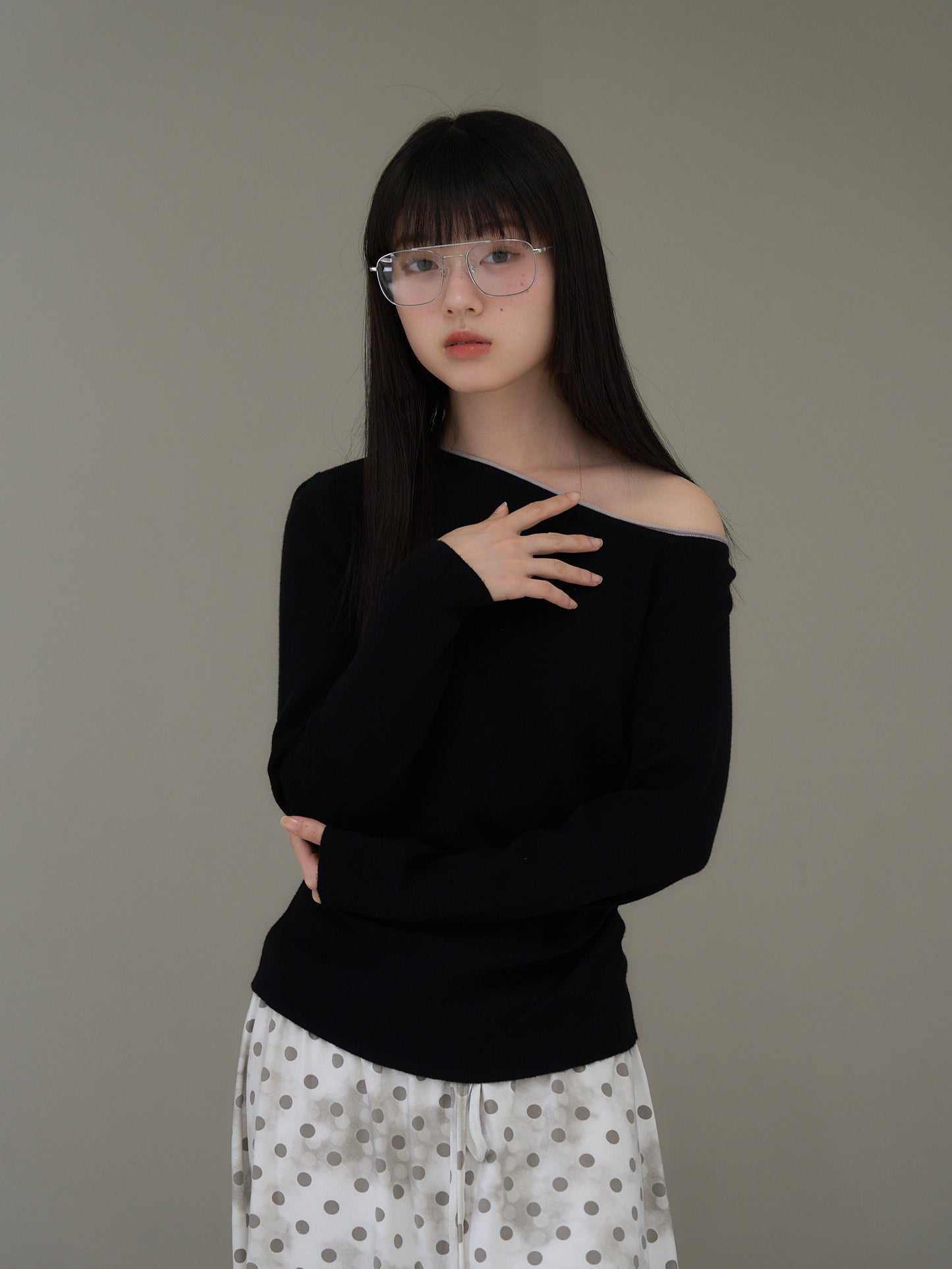 colorblock asymmetry shoulder knit
