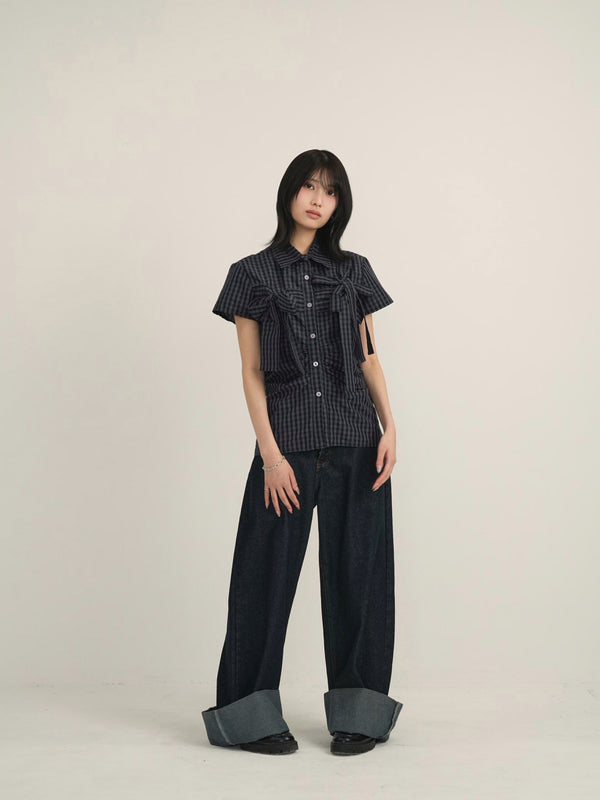 w ribbon check blouse