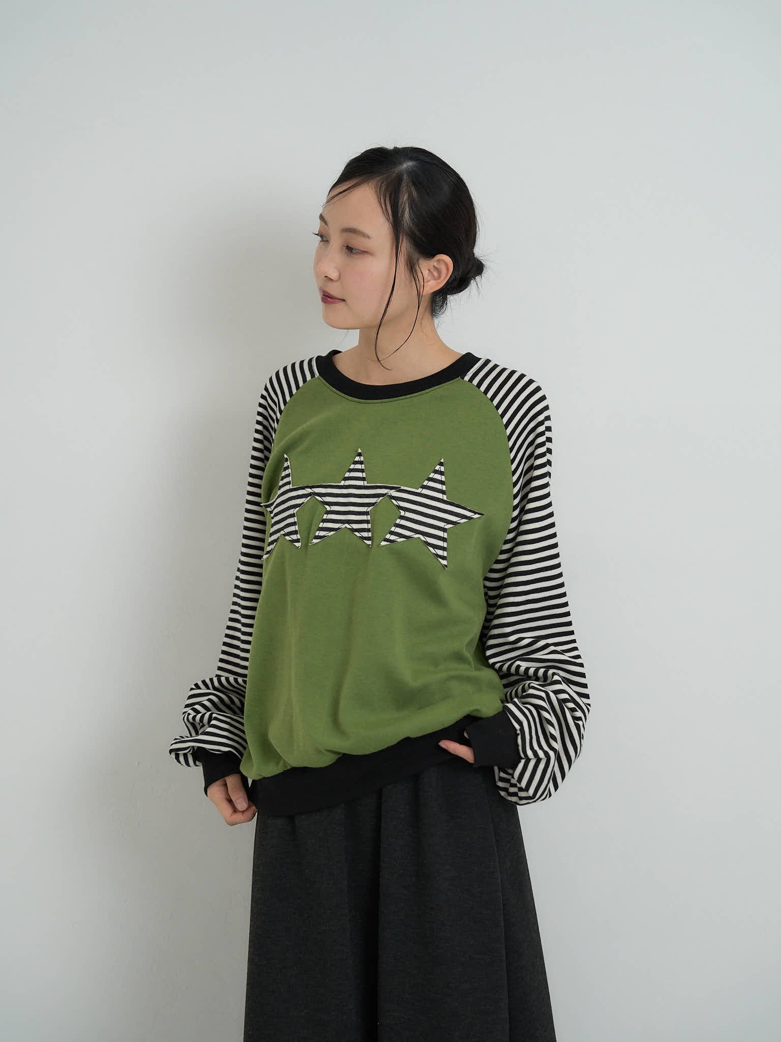 star patch border long tee｜オーバーサイズボーダートップス｜uenui