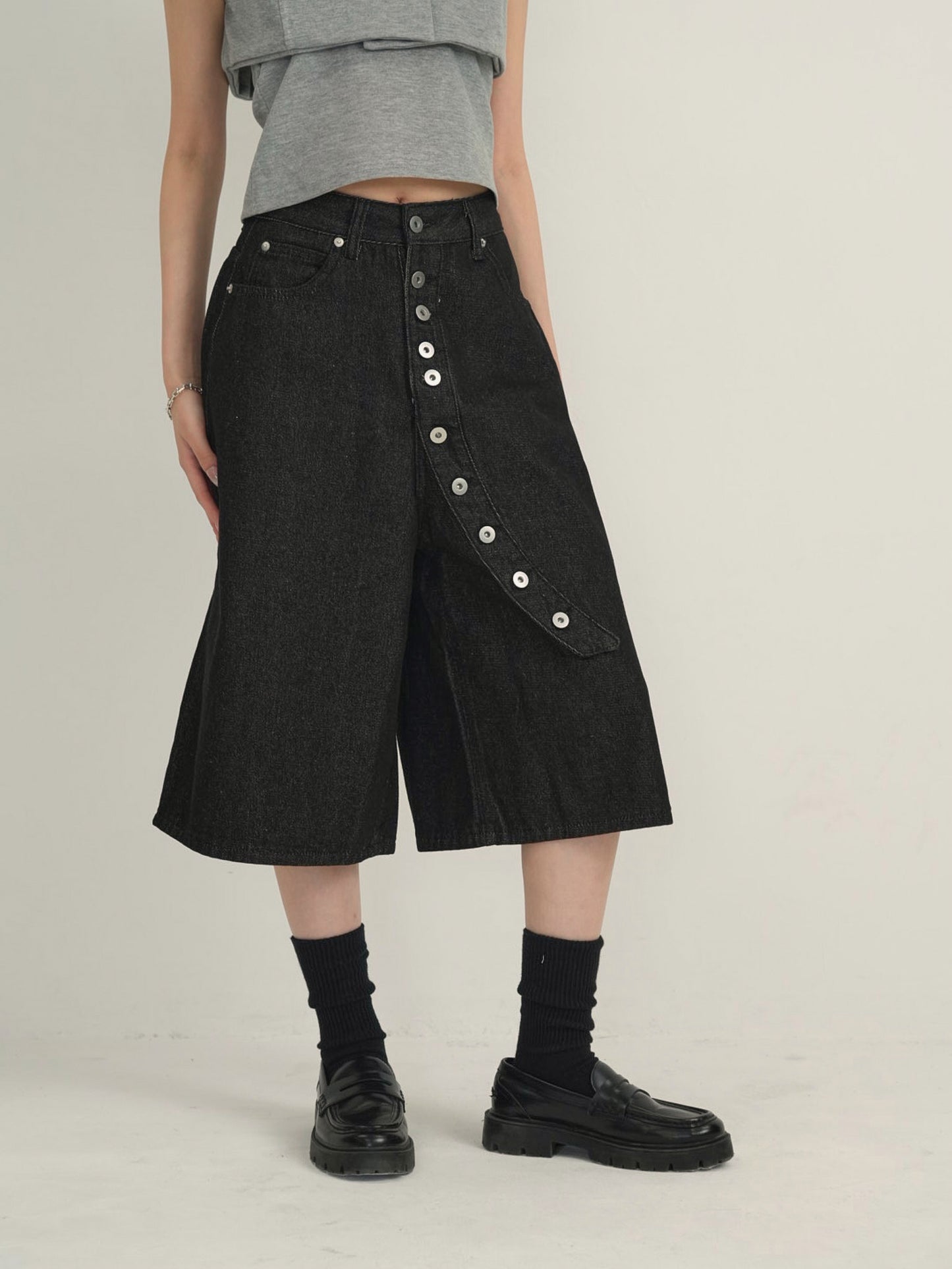 asymmetry button half denim pants