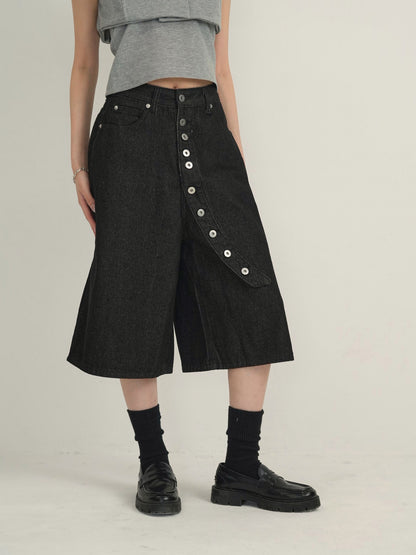 asymmetry button half denim pants