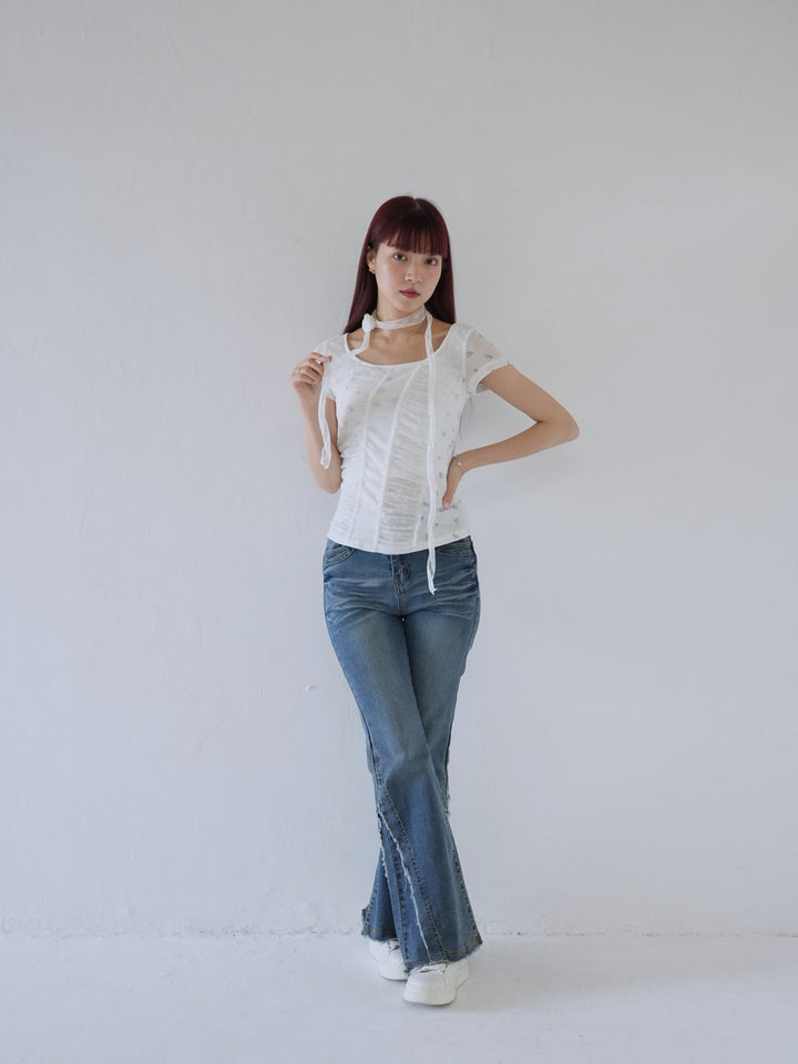 【7月上旬発送予定】mesh ruched floral top