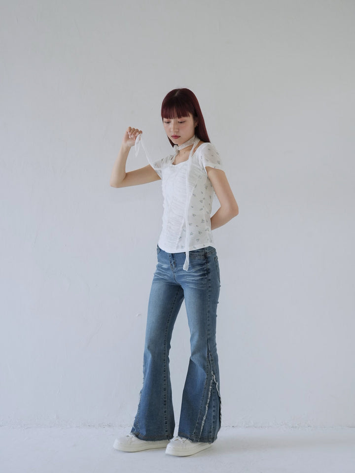 【7月上旬発送予定】mesh ruched floral top