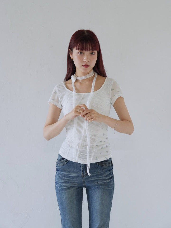 【7月上旬発送予定】mesh ruched floral top