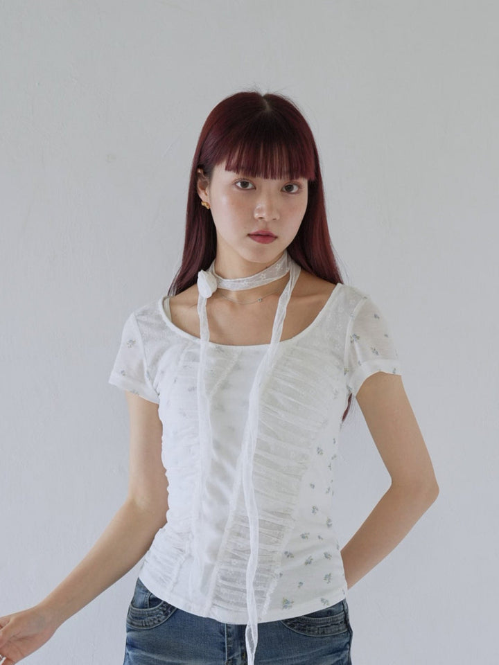 【7月上旬発送予定】mesh ruched floral top
