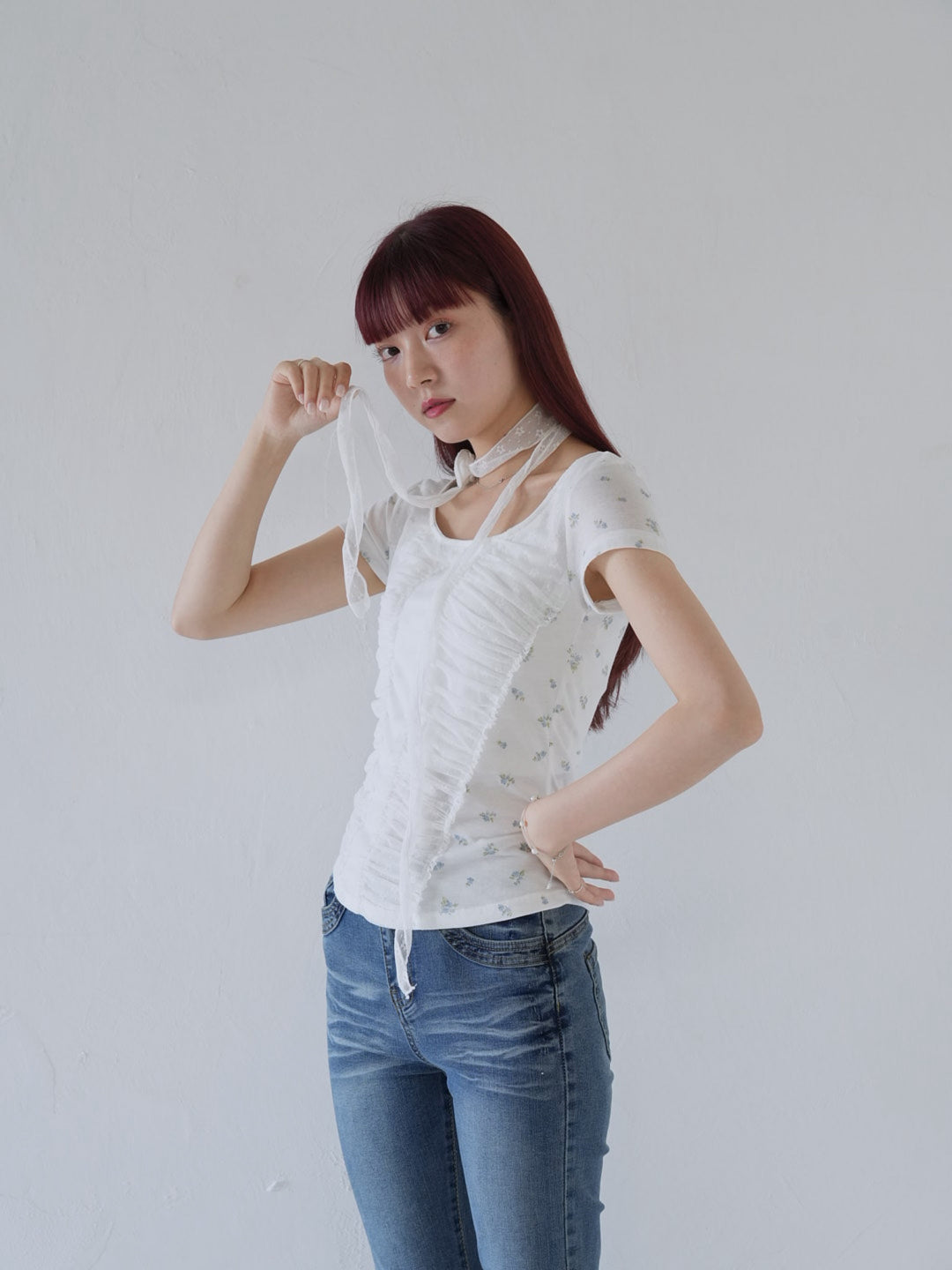 【7月上旬発送予定】mesh ruched floral top