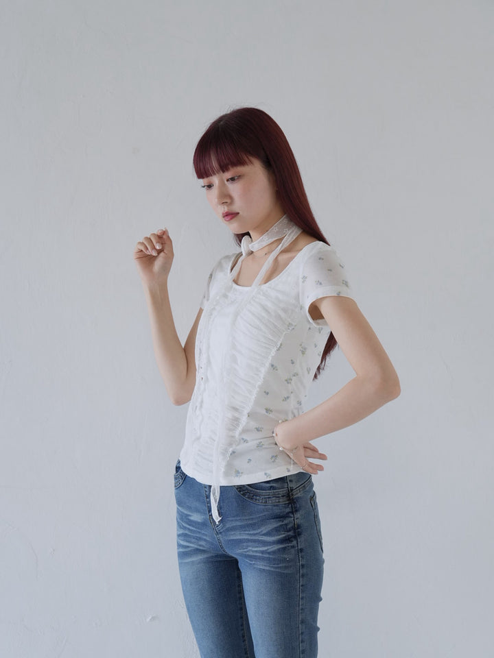 【7月上旬発送予定】mesh ruched floral top