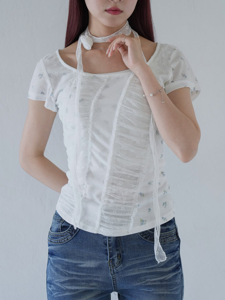 【7月上旬発送予定】mesh ruched floral top