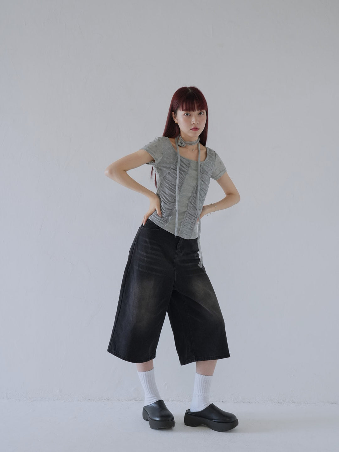【7月上旬発送予定】mesh ruched floral top