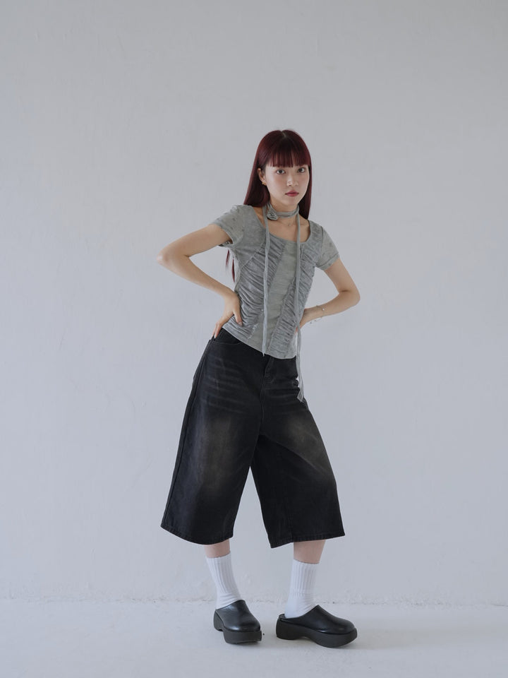 【7月上旬発送予定】mesh ruched floral top