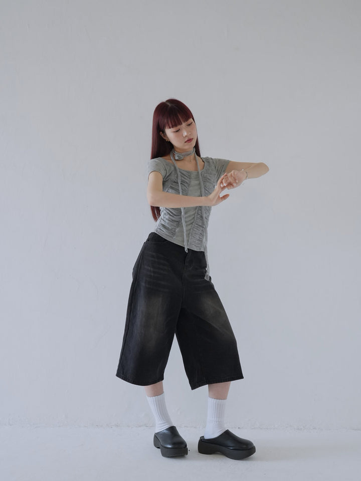 【7月上旬発送予定】mesh ruched floral top