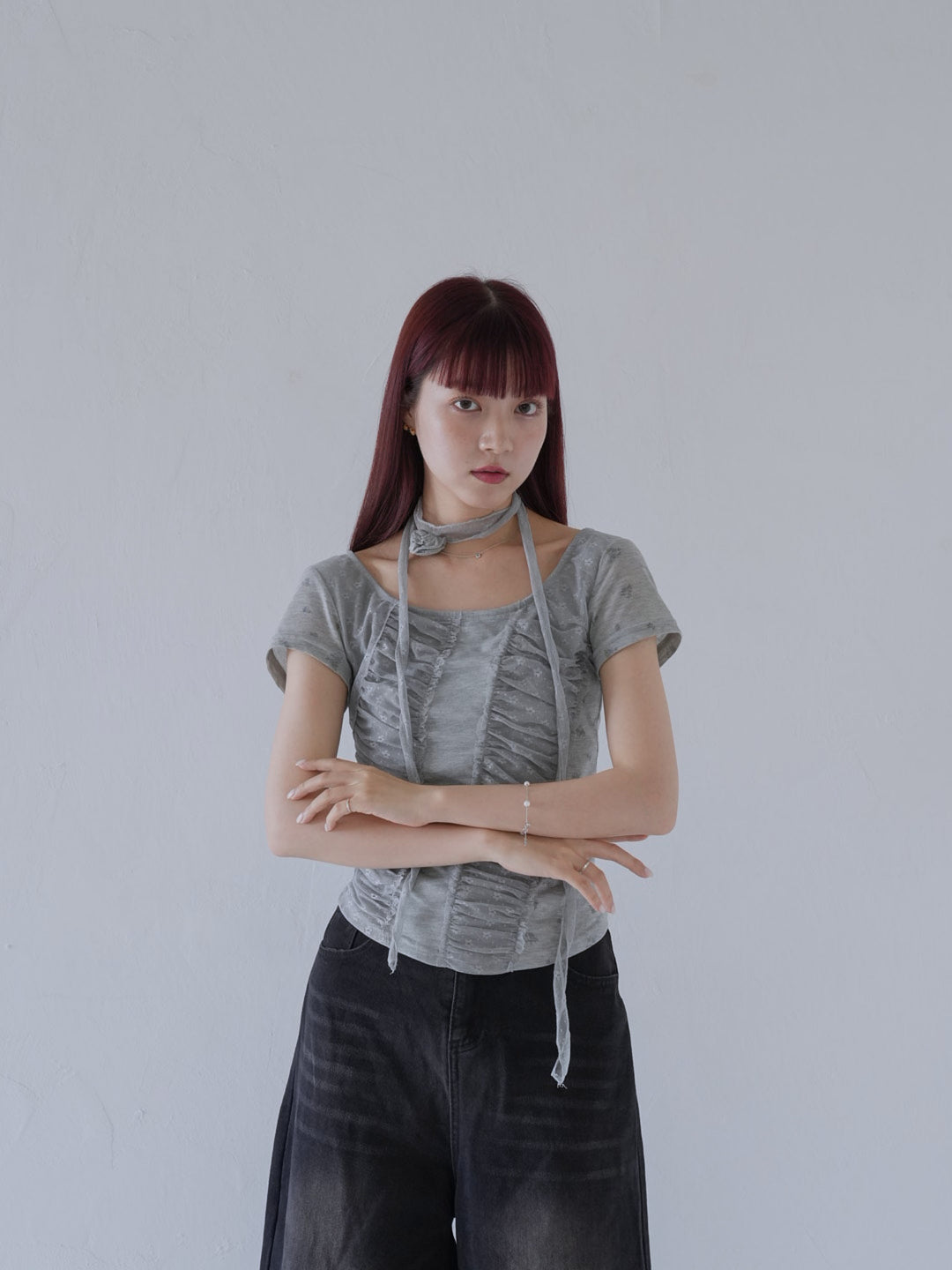 【7月上旬発送予定】mesh ruched floral top