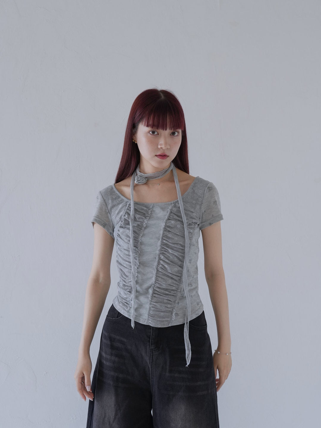 【7月上旬発送予定】mesh ruched floral top