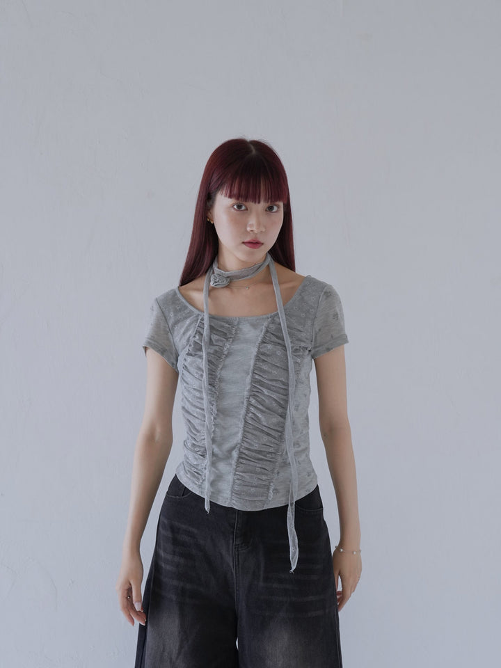 【7月上旬発送予定】mesh ruched floral top
