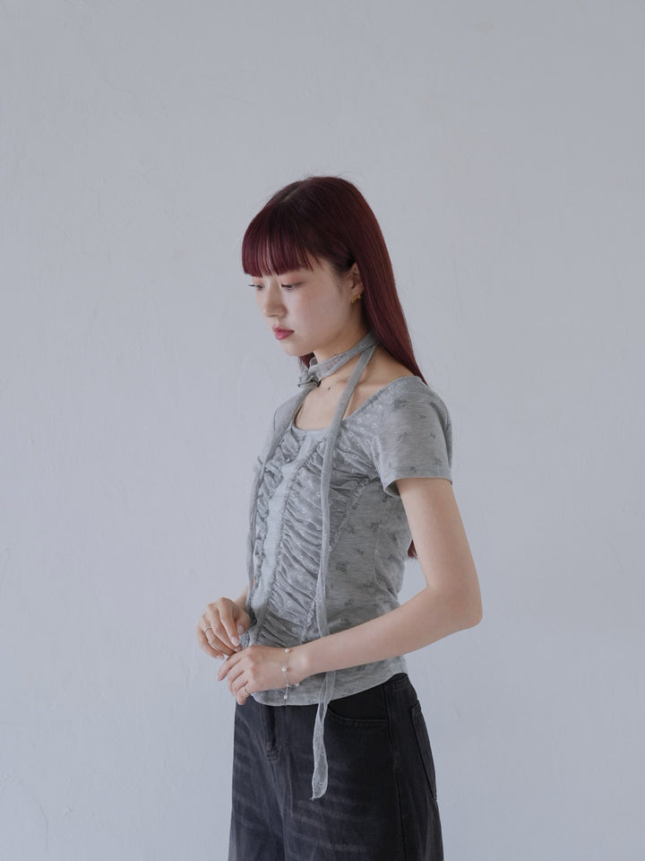 【7月上旬発送予定】mesh ruched floral top