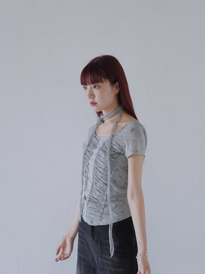 【7月上旬発送予定】mesh ruched floral top