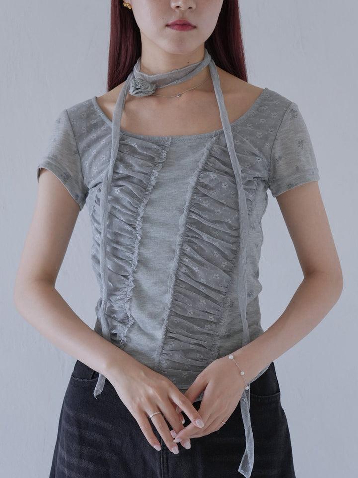 【7月上旬発送予定】mesh ruched floral top