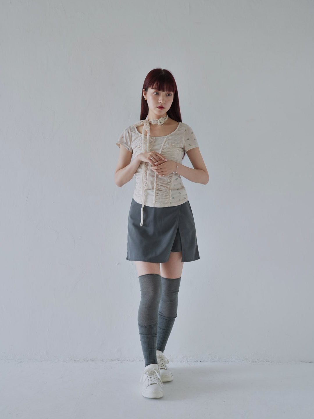 【7月上旬発送予定】mesh ruched floral top