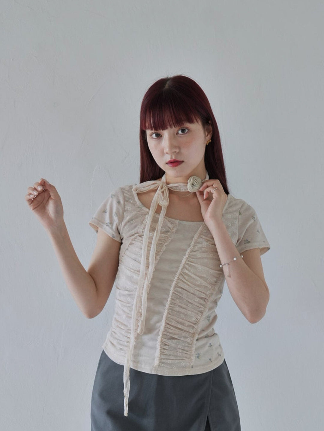 【7月上旬発送予定】mesh ruched floral top