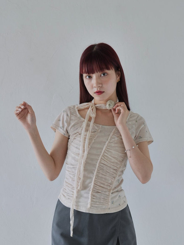【7月上旬発送予定】mesh ruched floral top
